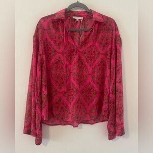 Olivaceous Pink Floral Boho Top Blouse Flare Sleeves Loose Flowy NWT Small